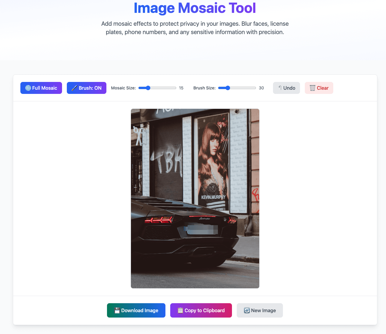 Before and after comparison of mosaic processing, plus step-by-step illustration of the process