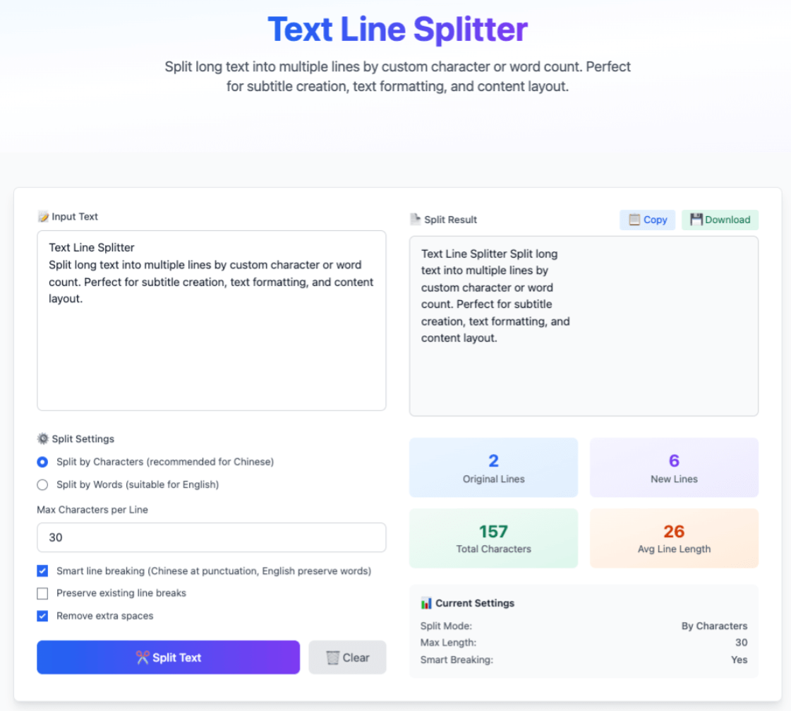 An example of using the Text Splitting tool shows that long text is split into short lines that fit the teleprompter